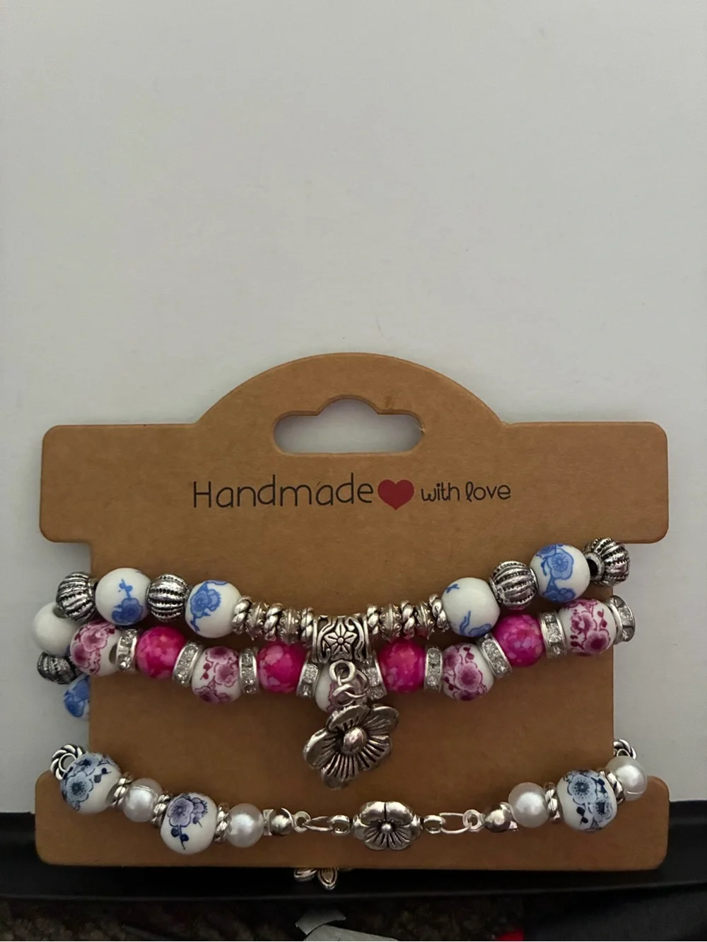 Handcrafted Women’s porcelain Beaded Bracelet Trio – Blue, Pink, Blue